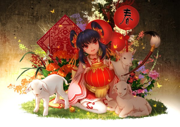 Anime picture 1280x905 with original huazha01 long hair looking at viewer fringe smile red eyes standing sitting twintails purple hair bent knee (knees) lying teeth new year sheep ears girl thighhighs plant (plants) animal