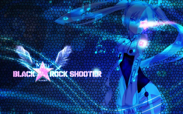 Anime picture 1280x800 with black rock shooter vocaloid hatsune miku long hair wide image twintails blue background girl dress necktie headphones star (symbol)