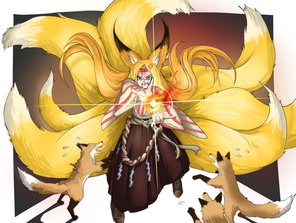 Anime picture 3100x2343 with original doitsuken single long hair looking at viewer highres open mouth blonde hair red eyes standing animal ears absurdres tail traditional clothes japanese clothes animal tail fox ears magic fox tail fox girl