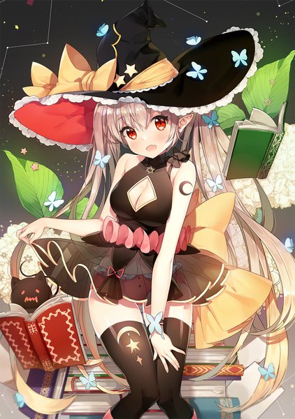 Anime picture 1200x1707 with original ayami (annahibi) single long hair tall image looking at viewer fringe breasts open mouth light erotic hair between eyes red eyes brown hair large breasts sitting cleavage pointy ears cleavage cutout witch knees touching