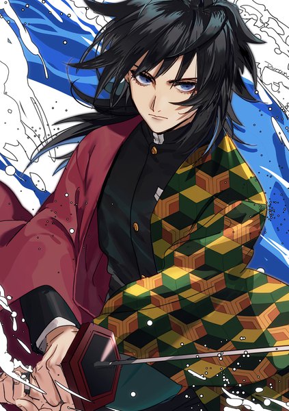 Anime picture 1300x1845 with kimetsu no yaiba ufotable tomioka giyuu doran7280 single long hair tall image looking at viewer blue eyes black hair upper body traditional clothes japanese clothes boy weapon sword katana haori