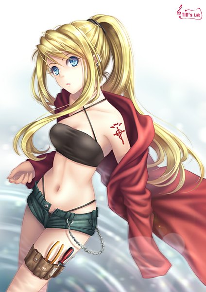 Anime picture 566x800 with fullmetal alchemist studio bones winry rockbell tidsean single long hair tall image blue eyes light erotic blonde hair ponytail midriff tattoo girl navel shorts cloak