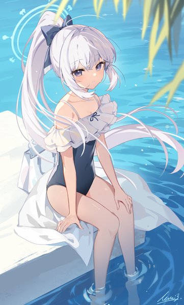 Anime picture 1144x1902 with blue archive miyako (blue archive) miyako (swimsuit) (blue archive) ikomochi single long hair tall image looking at viewer fringe hair between eyes purple eyes silver hair ponytail from above official alternate costume soaking feet girl bow swimsuit hair bow