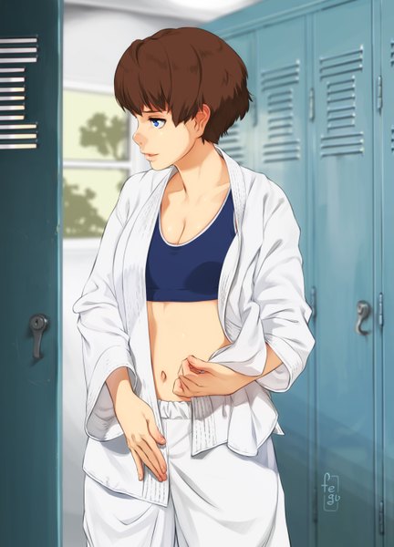 Anime picture 2128x2952 with original feguimel single tall image highres short hair blue eyes light erotic brown hair looking away locker room girl navel