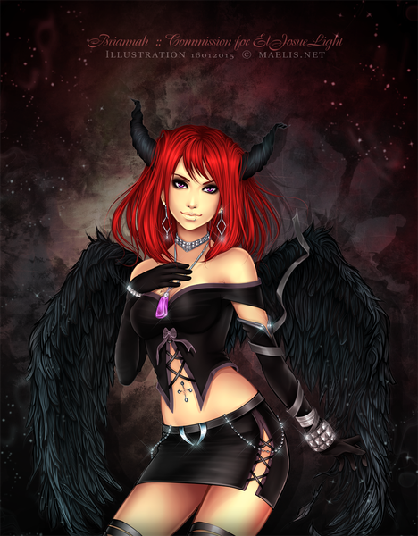 Anime picture 900x1154 with m-aelis single long hair tall image looking at viewer light erotic bare shoulders red hair pink eyes horn (horns) piercing black wings girl skirt gloves navel earrings wings elbow gloves