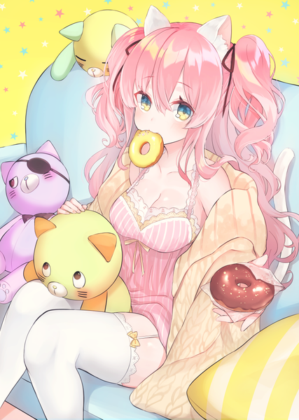 Anime picture 800x1123 with original suzuho hotaru single long hair tall image looking at viewer blush fringe breasts blue eyes hair between eyes sitting bare shoulders holding animal ears yellow eyes payot pink hair cleavage bent knee (knees)