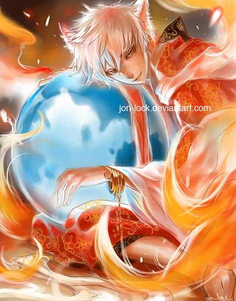 Anime picture 792x1008 with os-tan firefox jon-lock (artist) single tall image short hair animal ears white hair tail traditional clothes japanese clothes animal tail looking back barefoot orange eyes hug fox ears kneeling fox tail multiple tails