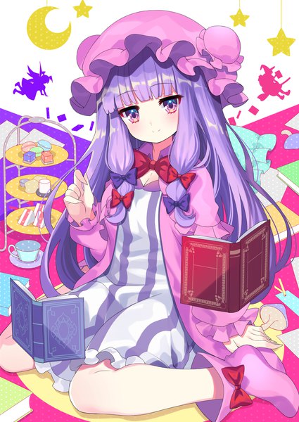 Anime picture 1254x1771 with touhou patchouli knowledge yuujin (yuzinn333) single long hair tall image looking at viewer fringe smile sitting purple eyes purple hair blunt bangs wariza girl hat food sweets star (symbol) book (books)