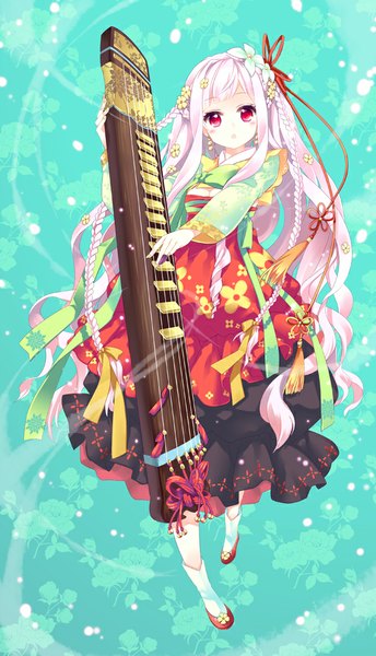 Anime picture 600x1046 with original e-nya single long hair tall image looking at viewer blush red eyes white hair girl dress hair ornament shoes musical instrument