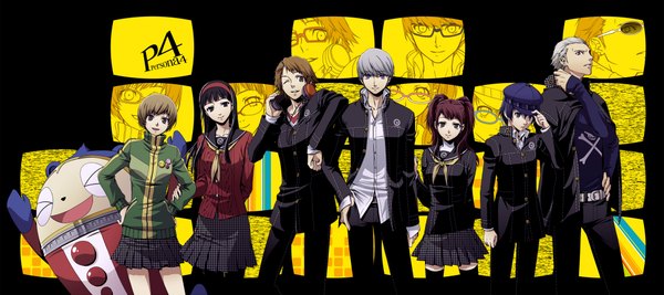 Anime picture 2000x890 with persona 4 persona kujikawa rise satonaka chie amagi yukiko shirogane naoto narukami yuu hanamura yousuke kuma (persona 4) tatsumi kanji oto nagi (artist) long hair looking at viewer highres short hair black hair smile brown hair wide image multiple girls