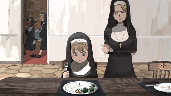 Anime picture 2048x1152 with little nuns (diva) protagonist nun (diva) scowly nun (diva) glasses nun (diva) diva (hyxpk) fringe highres short hair blue eyes blonde hair wide image standing sitting multiple girls holding indoors eyes closed long sleeves looking down crossed arms