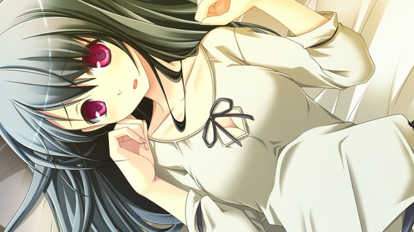 Anime picture 1280x720 with end sleep single long hair looking at viewer blush open mouth black hair red eyes wide image game cg girl shirt