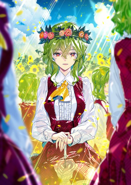 Anime picture 853x1200 with touhou kazami yuuka zounose tall image fringe short hair hair between eyes red eyes standing multiple girls sky cloud (clouds) nail polish green hair wind sunlight multiple persona closed umbrella girl flower (flowers)