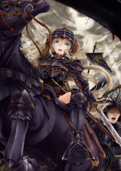 Anime picture 1280x1810 with original tsukineko long hair tall image open mouth blue eyes blonde hair scar girl weapon sword boots armor horse banner