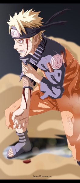 Anime picture 900x2048 with naruto studio pierrot naruto (series) uzumaki naruto akira-12 single tall image short hair blue eyes blonde hair grin coloring torn clothes facial mark dark background smoke whisker markings angry jinchuriki boy