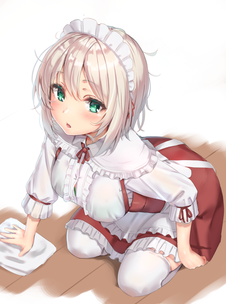 Anime picture 1116x1500 with original reinama single tall image looking at viewer blush fringe short hair breasts open mouth light erotic simple background hair between eyes large breasts white background sitting green eyes white hair seiza waitress