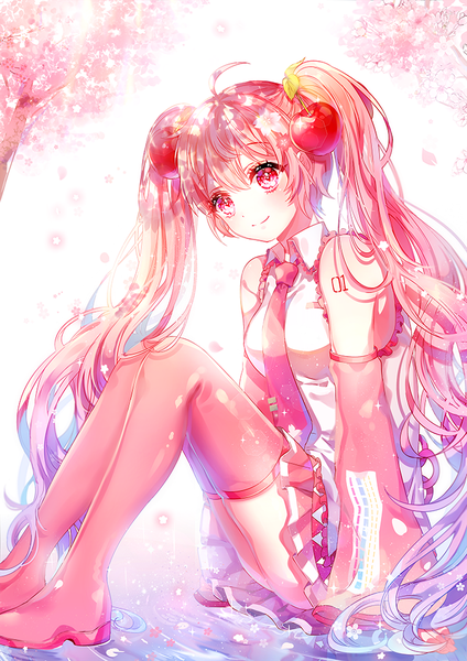 Anime picture 700x990 with vocaloid hatsune miku sakura miku shina (sbk951121) single tall image looking at viewer blush fringe smile hair between eyes sitting twintails bare shoulders payot pink hair ahoge bent knee (knees) outdoors very long hair