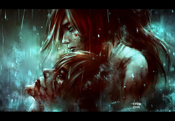 Anime picture 1250x865 with original nanfe long hair green eyes looking away profile orange hair couple tears letterboxed looking up rain face crying girl boy water blood beard