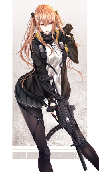 Anime picture 1200x2075 with girls frontline ump9 (girls frontline) yoaferia single long hair tall image looking at viewer fringe breasts open mouth blonde hair simple background hair between eyes brown hair standing twintails holding brown eyes long sleeves pleated skirt