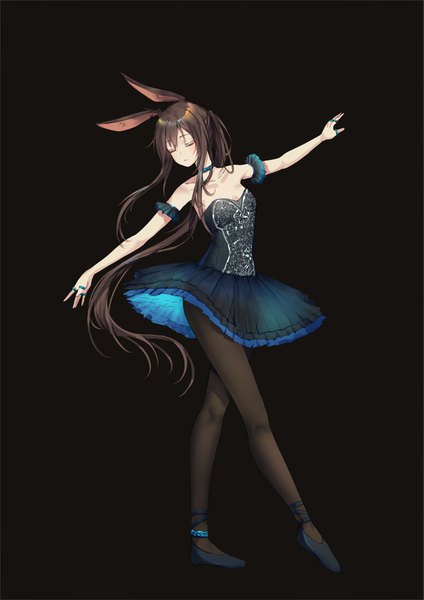 Anime picture 2893x4092 with arknights amiya (arknights) ku-ini single long hair tall image fringe highres breasts simple background brown hair bare shoulders animal ears full body ponytail eyes closed head tilt bunny ears alternate costume outstretched arm