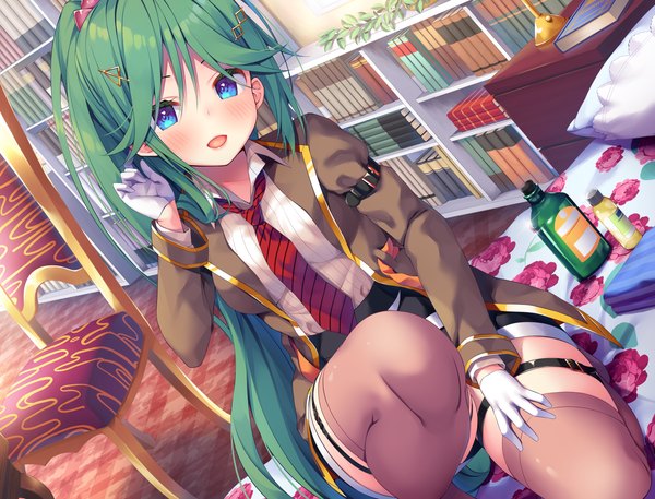 Anime picture 4200x3200 with original asa no ha single long hair looking at viewer blush fringe highres open mouth blue eyes light erotic hair between eyes absurdres indoors :d green hair dutch angle floral print open collar convenient leg