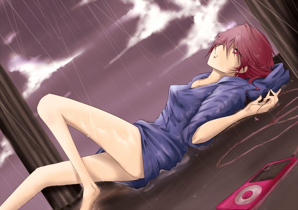 Anime picture 2000x1415 with utau ipod kasane teto single highres short hair red eyes cloud (clouds) red hair lying rain girl headphones