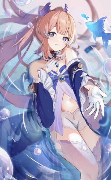 Anime picture 1579x2560 with genshin impact sangonomiya kokomi pokeeeo o single long hair tall image looking at viewer fringe light erotic smile purple eyes pink hair lying blunt bangs partially submerged hand on chest gradient hair outstretched hand girl gloves