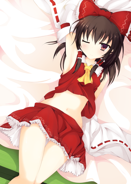 Anime picture 2060x2900 with touhou hakurei reimu mil (siratamamil) single long hair tall image blush highres black hair red eyes one eye closed wink midriff miko girl skirt navel bow hair bow detached sleeves