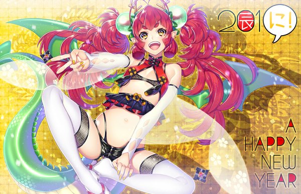 Anime picture 1028x662 with original senchat single long hair blush fringe open mouth light erotic smile sitting twintails bare shoulders yellow eyes ahoge red hair tail nail polish horn (horns) pointy ears inscription