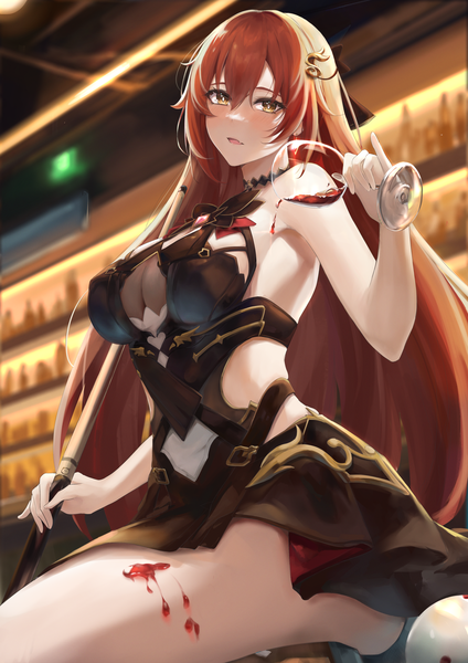 Anime picture 2894x4093 with honkai impact 3rd honkai (series) eden (honkai impact) aoi 13 single long hair tall image looking at viewer blush fringe highres breasts open mouth light erotic hair between eyes large breasts sitting holding yellow eyes red hair