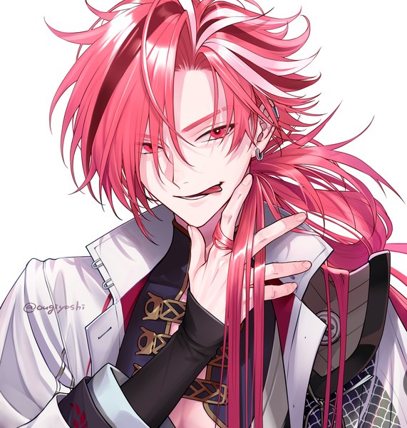 Anime picture 2000x2100 with fate (series) fate/grand order takasugi shinsaku (fate) chimachi single long hair tall image looking at viewer fringe highres simple background red eyes white background signed upper body red hair hair over one eye twitter username piercing ear piercing