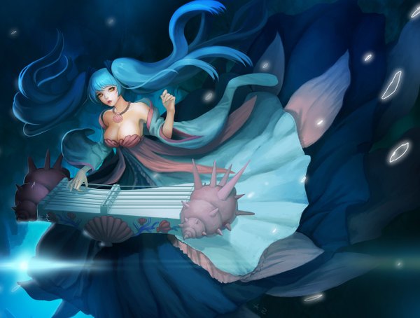 Anime picture 1224x928 with league of legends sona buvelle chalii single long hair looking at viewer breasts twintails yellow eyes aqua hair underwater girl weapon necklace seashell