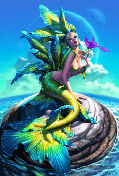 Anime picture 822x1219 with michelle hoefener single tall image looking at viewer breasts blue eyes light erotic cloud (clouds) tail lips realistic eyebrows butterfly on hand fish tail mutation girl water sea insect butterfly