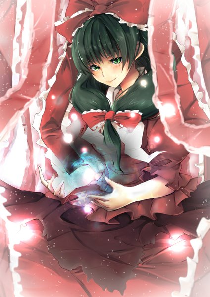 Anime picture 723x1023 with touhou kagiyama hina cibo (killy) single long hair tall image blush fringe smile green eyes green hair magic looking down girl dress bow ribbon (ribbons) hair bow