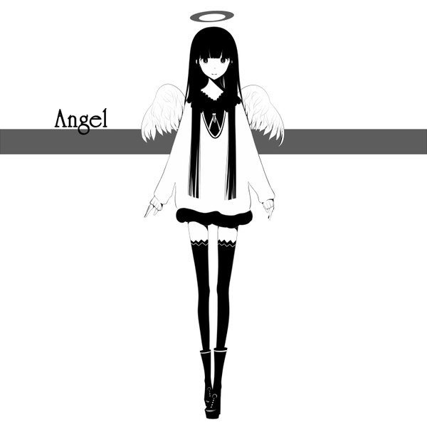Anime picture 1500x1500 with original haru@ single long hair black hair light smile black eyes inscription monochrome angel wings angel girl thighhighs black thighhighs wings boots halo sweater dress