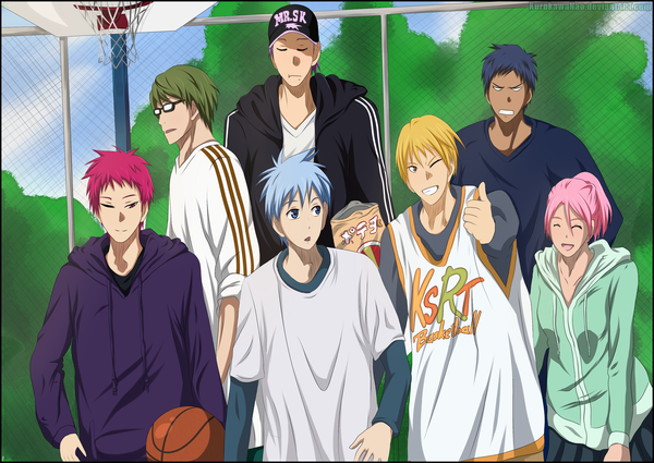 Anime picture 3523x2496 with kuroko no basket production i.g kuroko tetsuya kise ryouta aomine daiki akashi seijuurou midorima shintarou murasakibara atsushi momoi satsuki kurokawatami fringe highres short hair open mouth blue eyes blonde hair smile blue hair pink hair absurdres