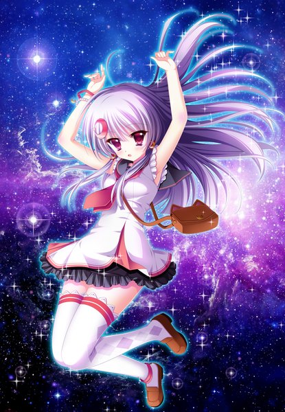 Anime picture 1246x1800 with original pon (ichi rin) single long hair tall image looking at viewer open mouth red eyes white hair girl thighhighs dress hair ornament white thighhighs bag