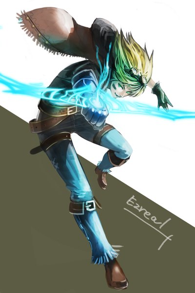 Anime picture 1000x1500 with league of legends ezreal (league of legends) laci (artist) tall image short hair simple background green eyes leaning leaning forward light face paint boy gloves weapon belt goggles bow (weapon) jeans blue jeans