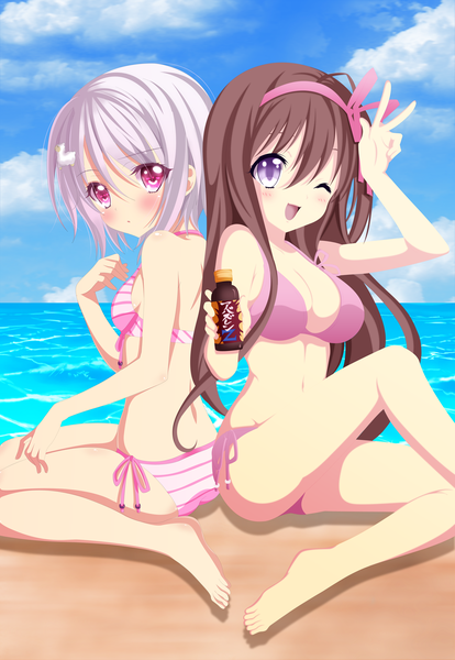 Anime picture 4083x5915 with noucome yuuouji ouka yukihira furano dartroberth tall image blush highres open mouth light erotic smile brown hair multiple girls pink hair absurdres sky cloud (clouds) one eye closed pink eyes wink :o