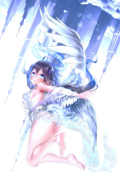Anime picture 1600x2400 with original didi amen single long hair tall image blush fringe blue eyes light erotic black hair bare shoulders bent knee (knees) parted lips looking back barefoot bare legs no shoes spread arms angel wings girl