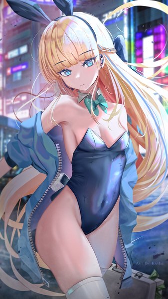 Anime picture 1296x2304 with blue archive toki (blue archive) toki (bunny) (blue archive) kayjae single long hair tall image looking at viewer fringe breasts blue eyes light erotic blonde hair standing bare shoulders signed animal ears blunt bangs off shoulder open jacket