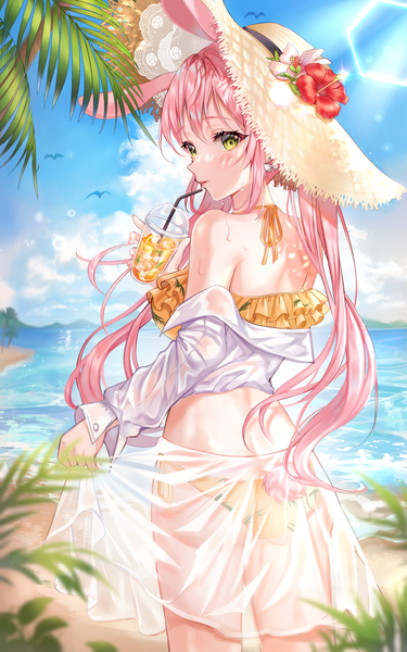 Anime picture 5000x8000 with original aina 156cm single long hair tall image looking at viewer blush fringe highres standing holding green eyes animal ears pink hair absurdres sky cloud (clouds) outdoors tail animal tail