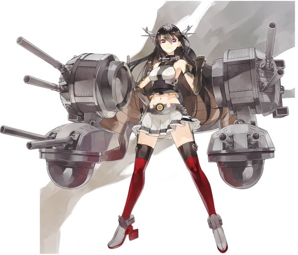 Anime picture 1310x1121 with kantai collection nagato battleship shihou (g-o-s) single long hair looking at viewer black hair pink eyes bare belly hand on hip girl thighhighs skirt gloves navel weapon miniskirt boots hairband armor