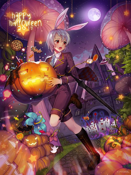 Anime picture 1000x1333 with original milcona single tall image blush fringe short hair open mouth hair between eyes red eyes signed animal ears silver hair full body bent knee (knees) outdoors long sleeves looking back night bunny ears