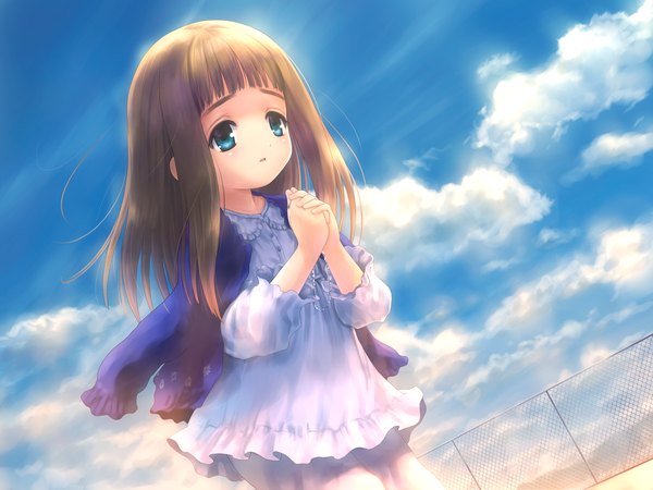 Anime-Bild 1920x1440 mit narcissu goto p single long hair fringe highres open mouth blue eyes brown hair standing looking away sky cloud (clouds) upper body outdoors blunt bangs long sleeves sunlight loli leaning