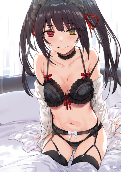 Anime picture 4134x5846 with date a live tokisaki kurumi hews single long hair tall image looking at viewer blush fringe highres breasts light erotic black hair smile red eyes large breasts sitting twintails yellow eyes payot