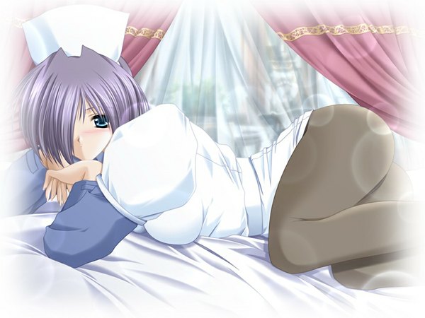 Anime picture 1024x768 with nursery song (game) fringe blue eyes light erotic game cg purple hair hair over one eye girl