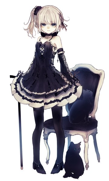 Anime picture 928x1544 with original riuichi single long hair tall image looking at viewer fringe blonde hair simple background hair between eyes standing white background bare shoulders full body grey eyes side ponytail lolita fashion goth-loli gothic girl