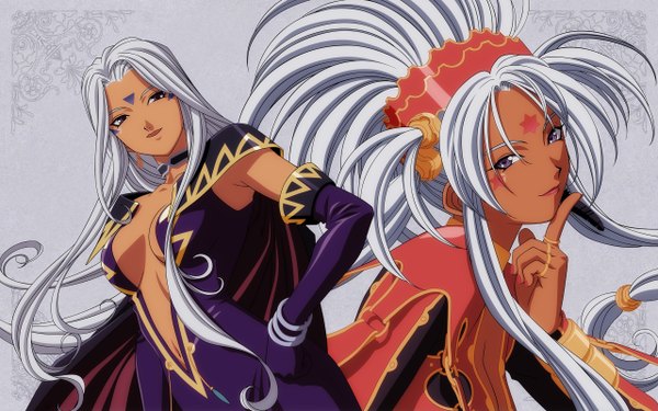 Anime picture 2560x1600 with aa megami-sama anime international company urd hild long hair highres breasts light erotic smile wide image purple eyes cleavage white hair sideboob dark skin facial mark demon girl vector forehead mark mother and daughter
