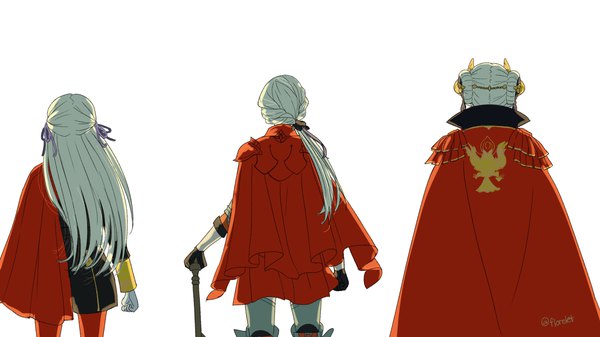 Anime picture 2667x1500 with fire emblem fire emblem: three houses fire emblem warriors: three hopes nintendo edelgard von hresvelg florelet long hair highres simple background wide image standing white background multiple girls signed white hair horn (horns) from behind twitter username multiple persona girl
